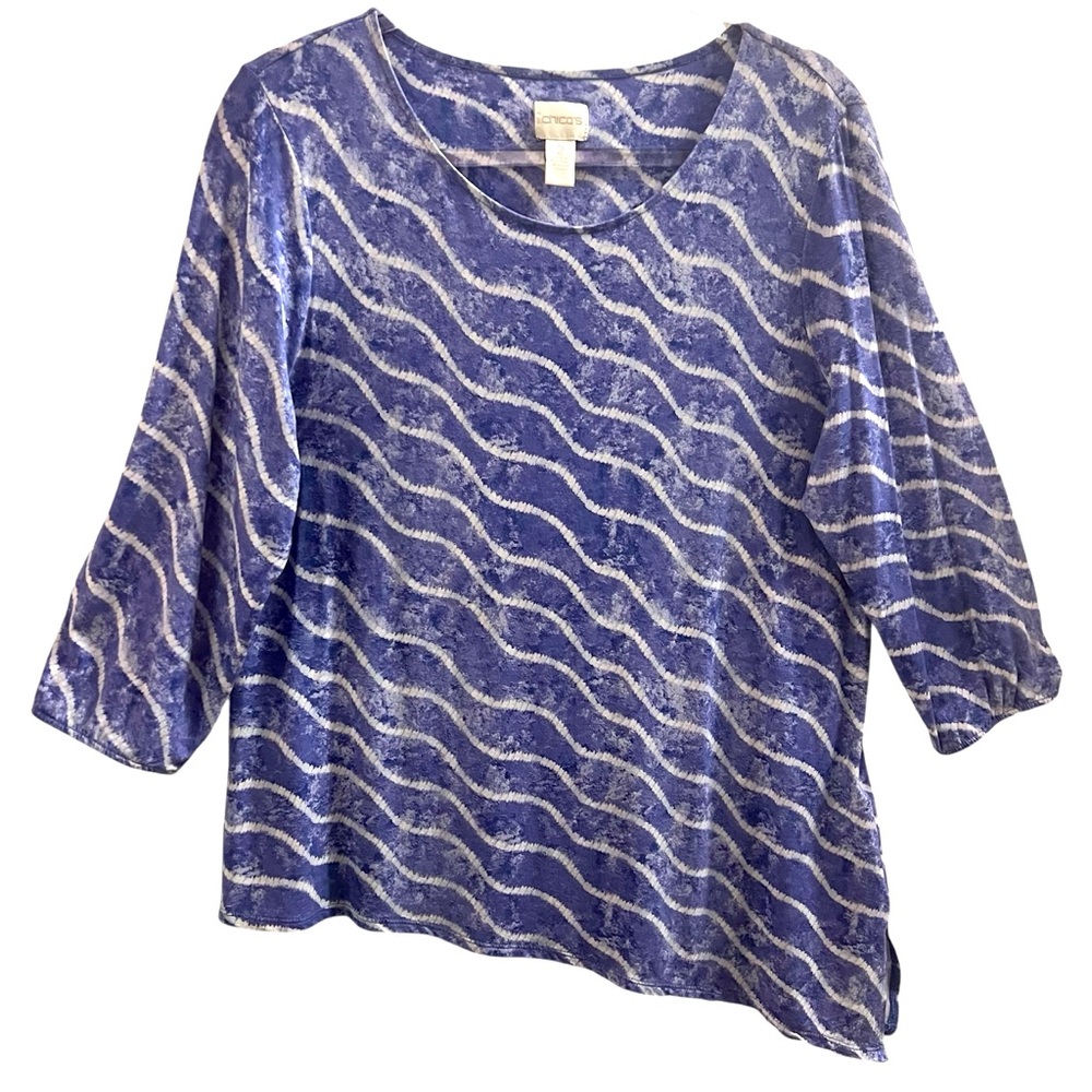 CHICO’S TOP, Size 2 / Large, Blue & White Asymmetrical 3/4 Sleeve Stretch Tunic.